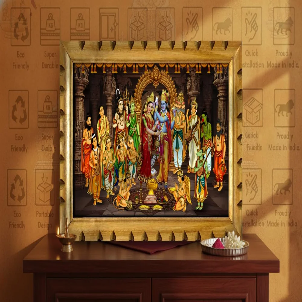 Lord Balaji Kalyanam Premium Wooden Frame,Wall Art with Film Laminated Digital Photo, 20 x 12.6 inches, Temple Design