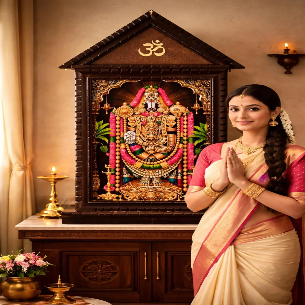 EMPEROR ART GALLERY®,Lord Venkateswara Swamy Religious Photo Frame with Premium Carved Wooden Design, Om Symbol, Temple Style, 33.4 x 19.4 Inch