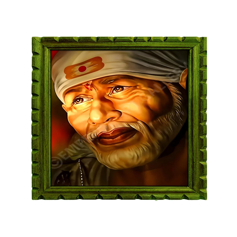EMPEROR ART GALLERY Shirdi Sai Baba Premium Wooden Photo Frame, 33 cm x 46 cm, Black Carved Design with 3mm Glass