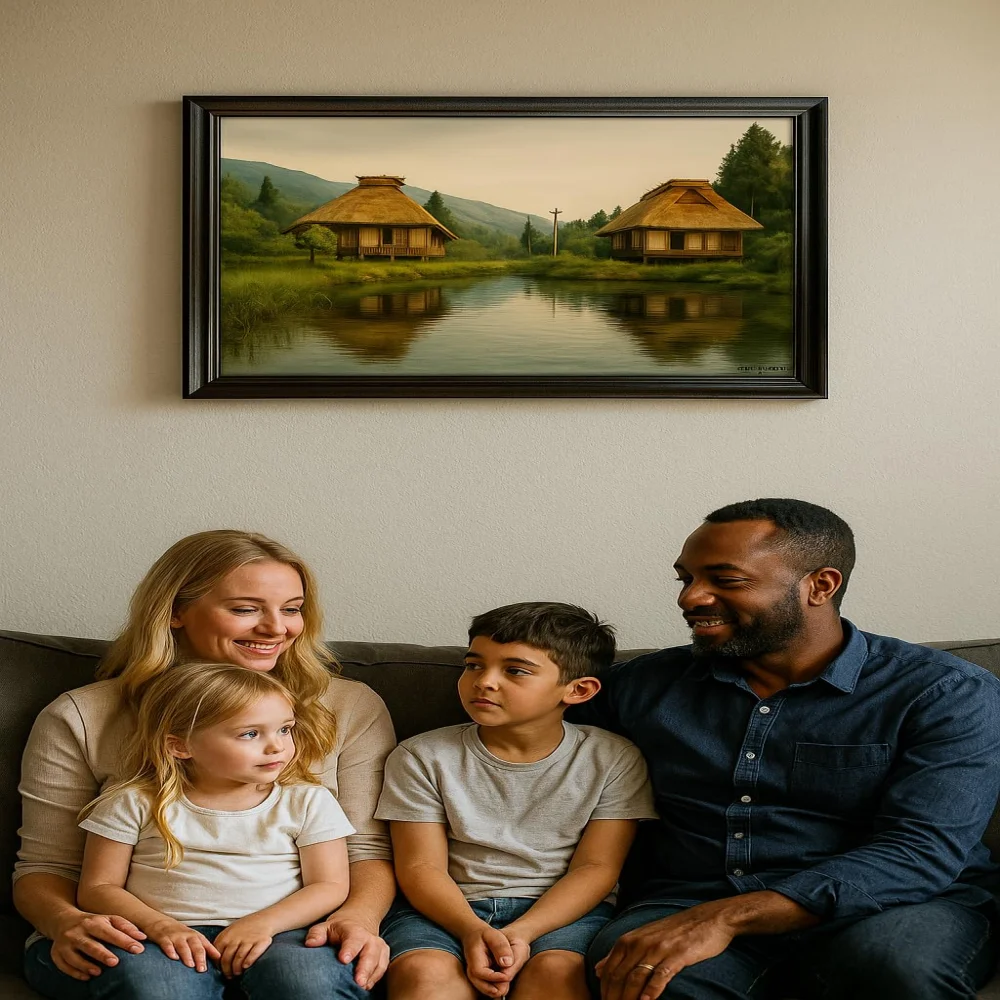 EMPEROR ART GALLERY®,Lakeside Cottage Canvas Wall Art with Premium Black Wooden Frame, 58.4 x 40.6 cm