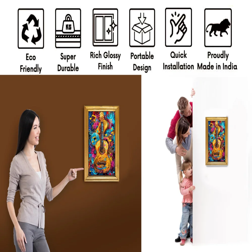 EMPEROR ART GALLERY®,Abstract Guitar Wall Art, 30.5 x 50.8 cm, Laminated Digital Print with Wooden Frame, Colourful Music Theme