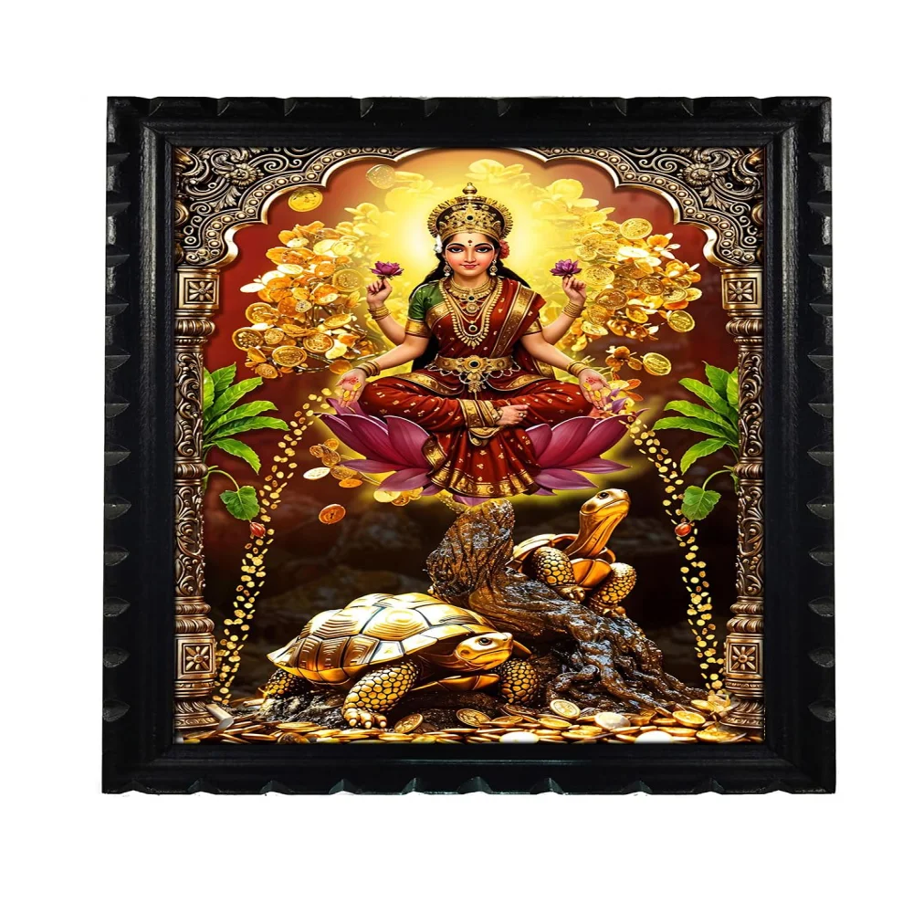 EMPEROR ART GALLERY®, Lakshmi Money Tree Wooden Frame, 35.5 x 28 cm, Rare Carved Design, Glitter Laminated Digital Print