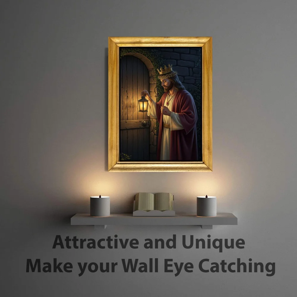 Jesus Christ Wall Art Framed Print, Knocking at Door Scene, 35.5 x 48.2 cm Natural Wooden Frame, Glitter Laminated