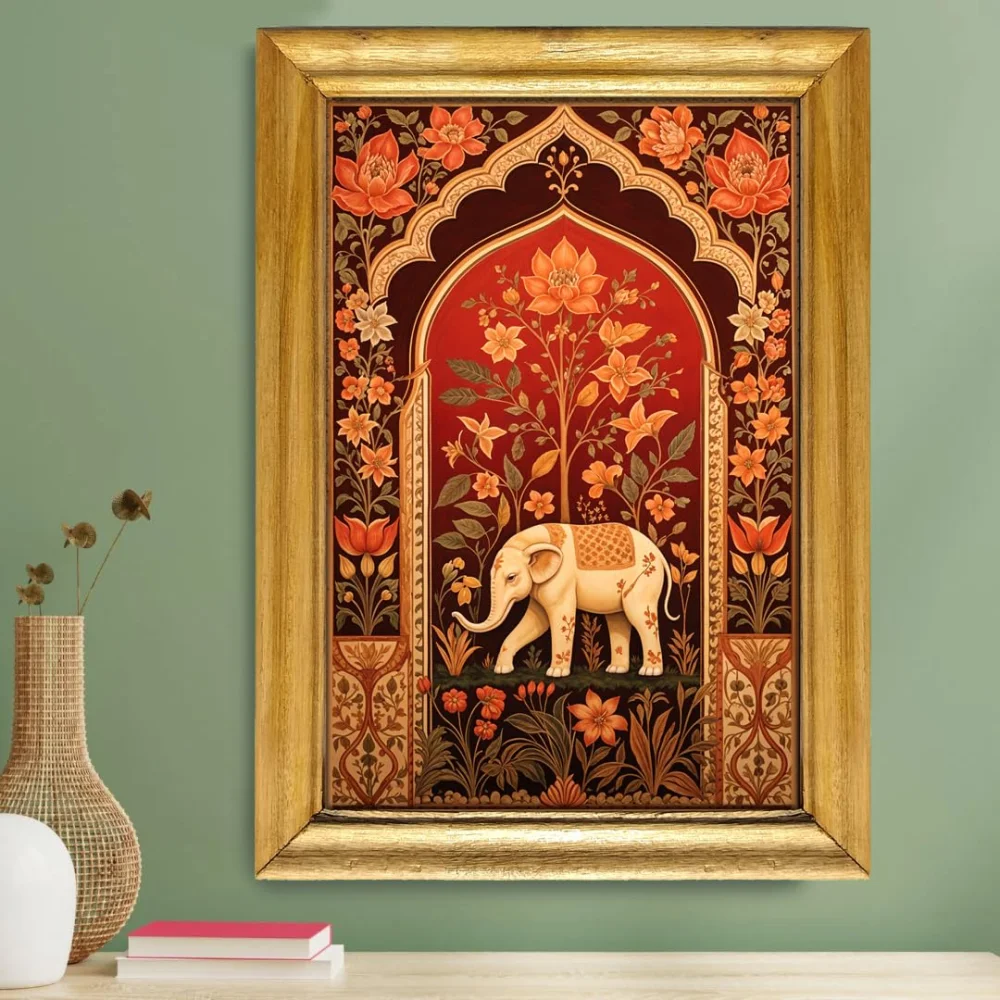 Celtic Elephant Wall Art, 48.3 x 33 cm, Laminated Digital Print, Natural Colour Wooden Frame