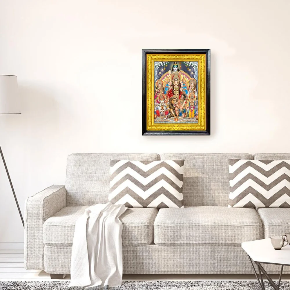 Hindu Deity Durga Religious Wall Art, 32 x 41.4 cm, Wooden Frame with Gold Border, Laminated Digital Print