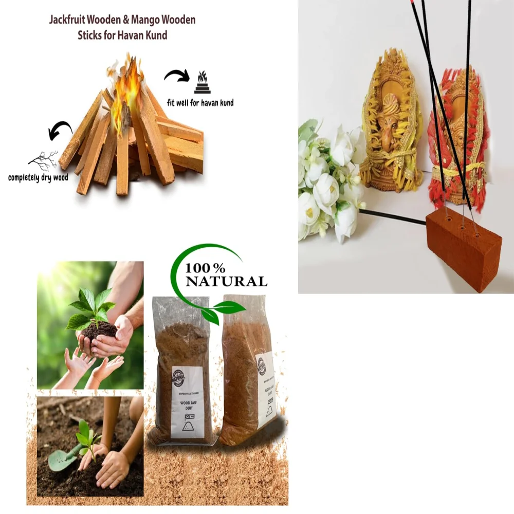 Emperor Art Gallery®,Jackfruit Wood Incense Set, Jackfruit Wood for Havan Kund 15 Sticks (6 inch), Holder (8x3x3 cm), Natural Sawdust (300g)