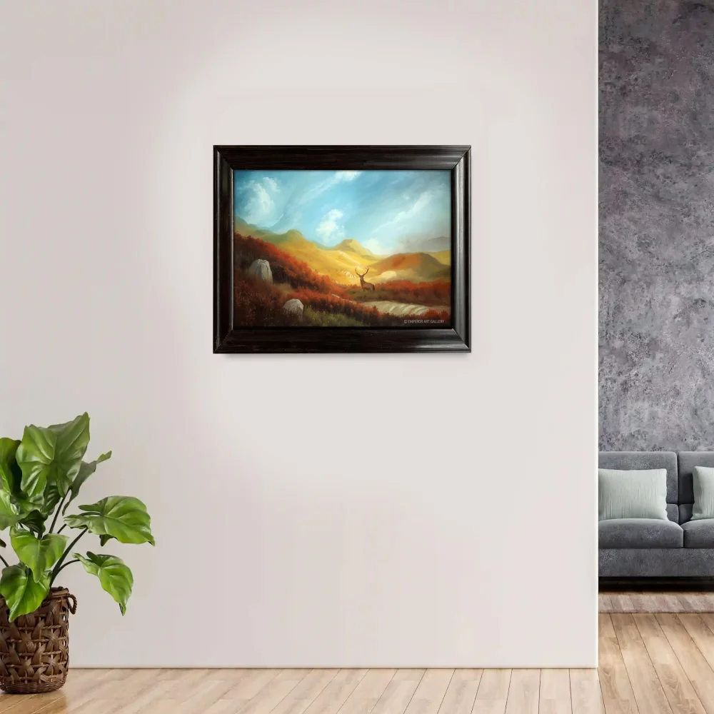 EMPEROR ART GALLERY®,Premium Canvas Wall Art with Black Wooden Frame, Mountain Landscape with Deer, 99 x 62 cm