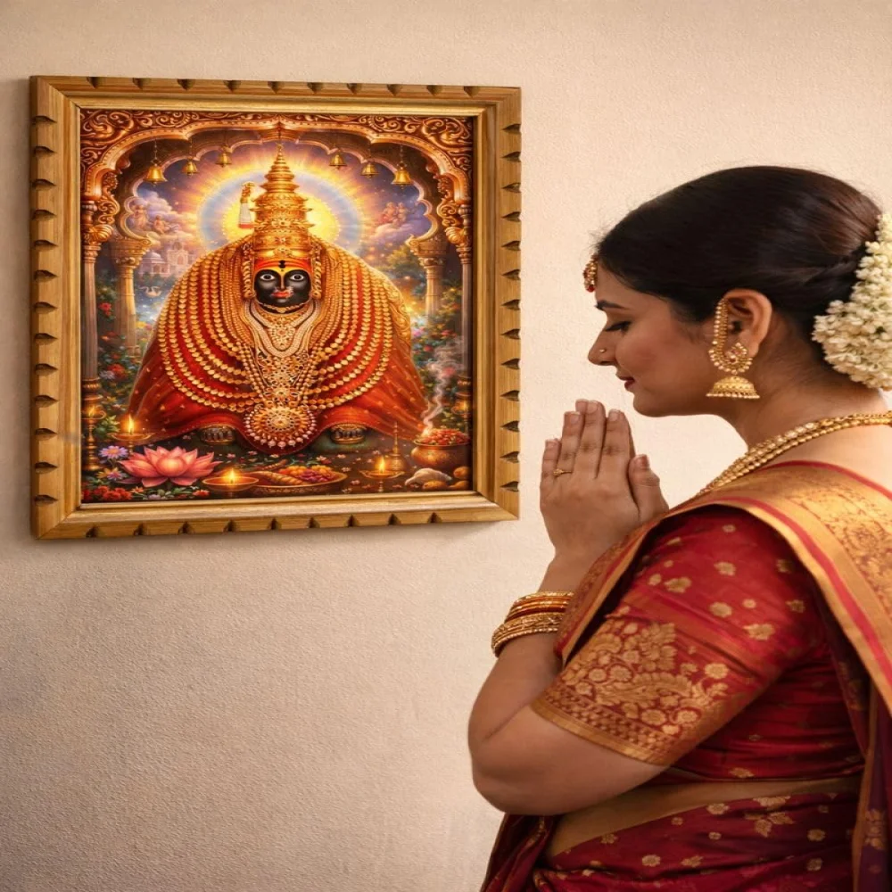 EMPEROR ART GALLERY®,Tulja Bhavani Wooden Photo Frame, Hindu Deity Wall Art, Digital Reprint with Film Laminated, Original Wood Frame, 14x20 Inch