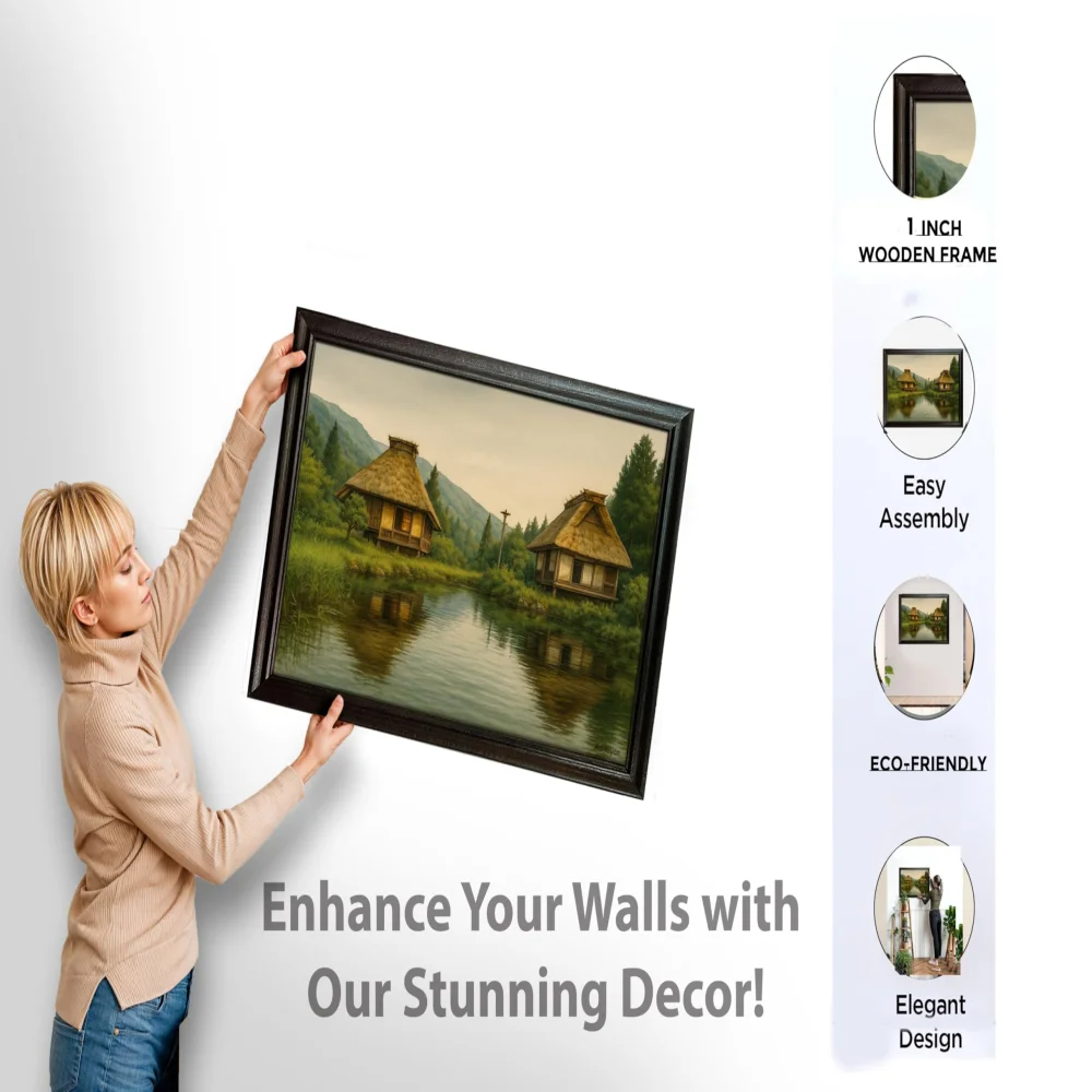 EMPEROR ART GALLERY®,Lakeside Cottage Canvas Wall Art with Premium Black Wooden Frame, 58.4 x 40.6 cm