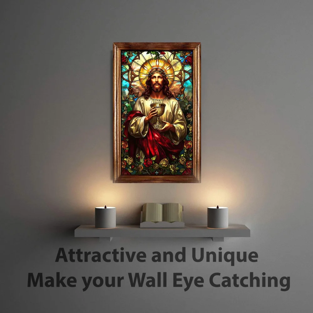 EMPEROR ART GALLERY®,Jesus Christ Painting Wall Art, Teak Wood Frame, 13.5 x 8.2 inches, Glitter Film Laminated
