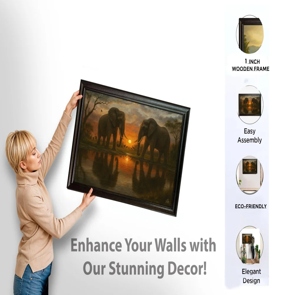 EMPEROR ART GALLERY®, African Elephants Sunset Canvas Wall Art with Premium Wooden Frame, 23 x 16 inches, Black Frame