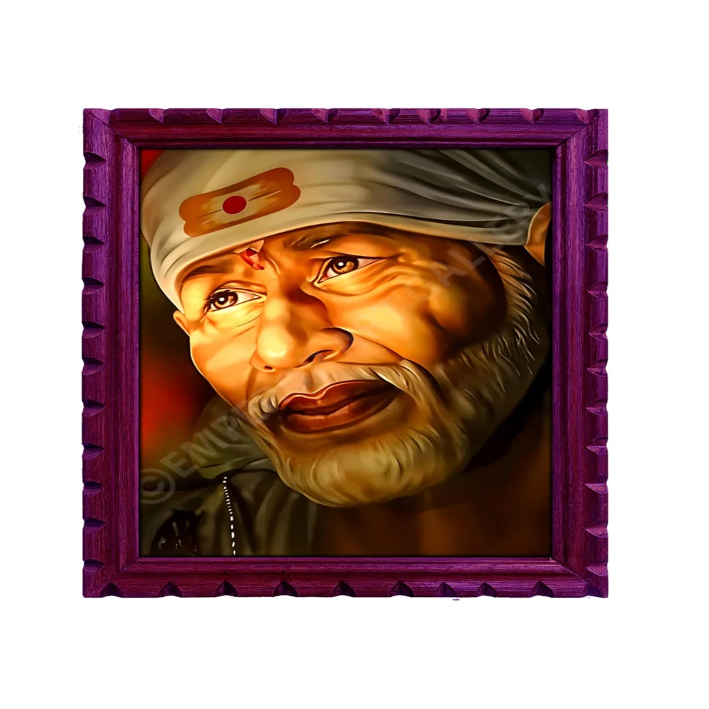 EMPEROR ART GALLERY Shirdi Sai Baba Premium Wooden Photo Frame, 33 cm x 46 cm, Black Carved Design with 3mm Glass