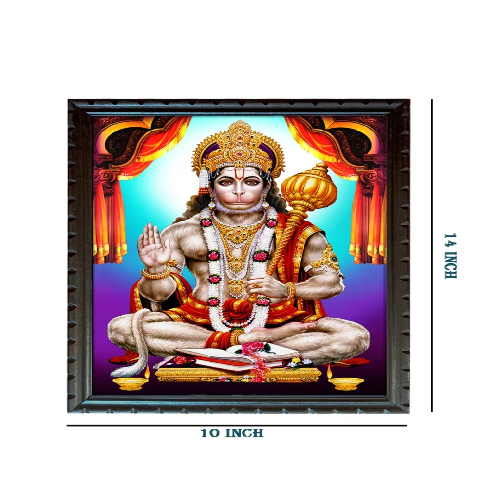 Lord Hanuman Laminated Digital RePrint With Wood Frame (18 X 13.4) inch Religious Frame (Blue)
