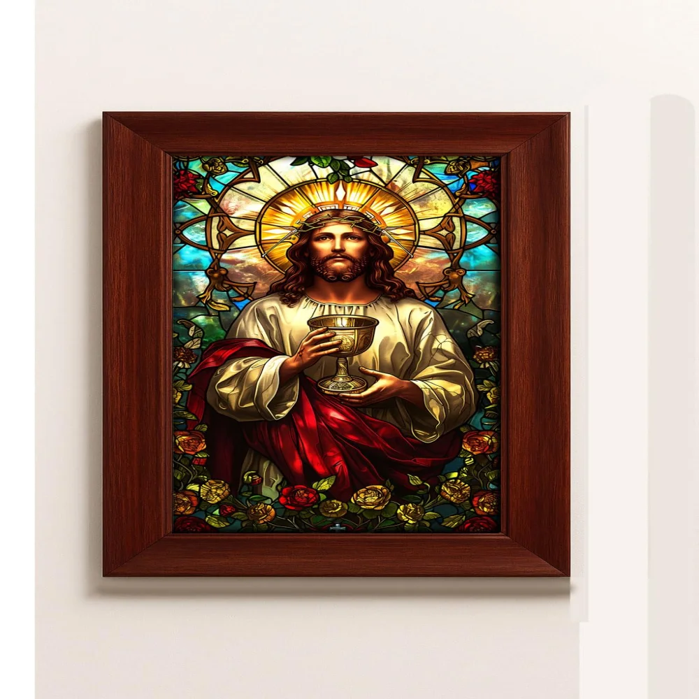 EMPEROR ART GALLERY®,Religious Stained Wall Art, Wooden Frame, Digital Print, Laminated, 14.6 x 22.6 inch, Home Decor