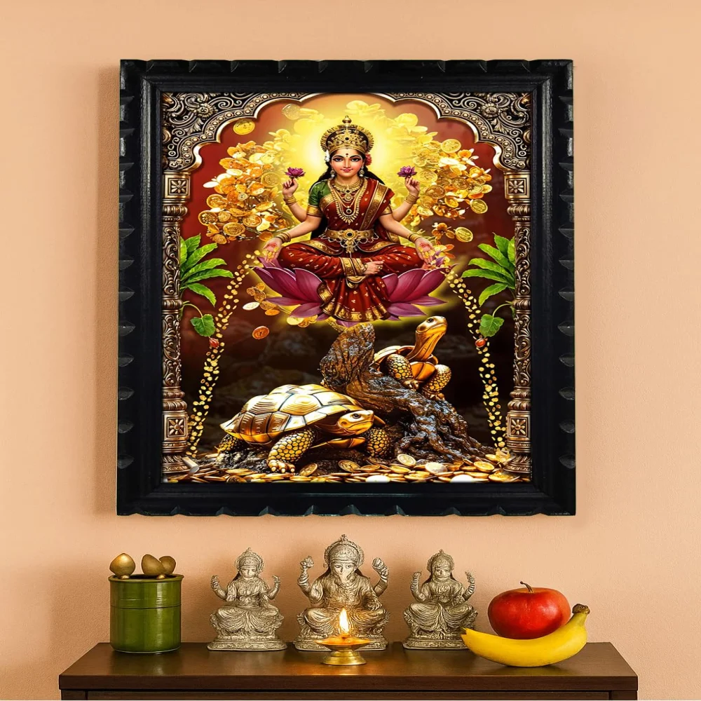 EMPEROR ART GALLERY®, Lakshmi Money Tree Wooden Frame, 35.5 x 28 cm, Rare Carved Design, Glitter Laminated Digital Print