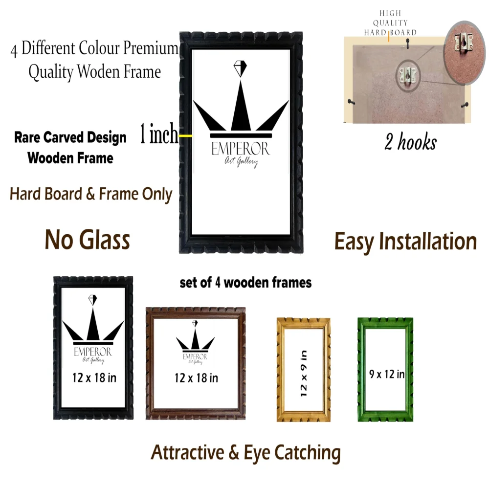 EMPEROR ART GALLERY®, Wooden Photo Frame Set, 4 Colours, 12 x 18 inch (2), 12 x 9 inch (2) Carved Design, No Glass
