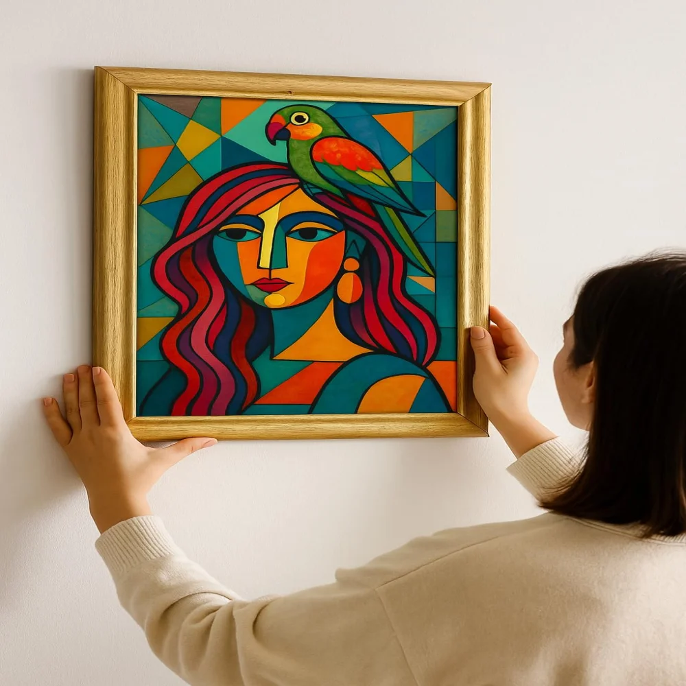 EMPEROR ART GALLERY®,Abstract Portrait with Parrot Wall Art, 35.5 x 50.8 cm, Natural Wooden Frame, Glitter Laminated Digital Print