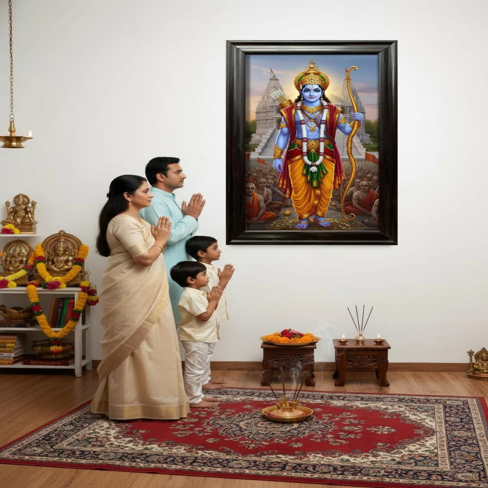 Lord Shree Ram Wooden Frame Wall Art, Film Laminated Digital Print, 43.6 x 26 Inch, Religious Decor with Luxury Designed Wooden Frame