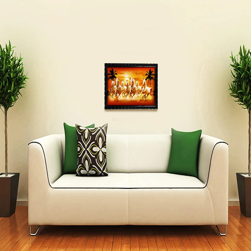 Mperor,Seven Running Horses Vastu Wood Framed Digital Reprint 18 inch x 12 in Digital Reprint 18 inch x 12 inch Painting (With Frame)