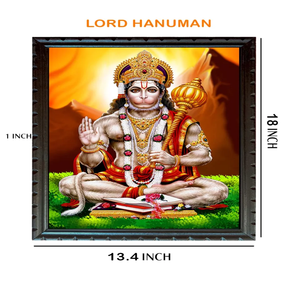Lord Hanuman Laminated Digital RePrint With Wood Frame (18 X 13.4) inch Religious Frame (Orange)