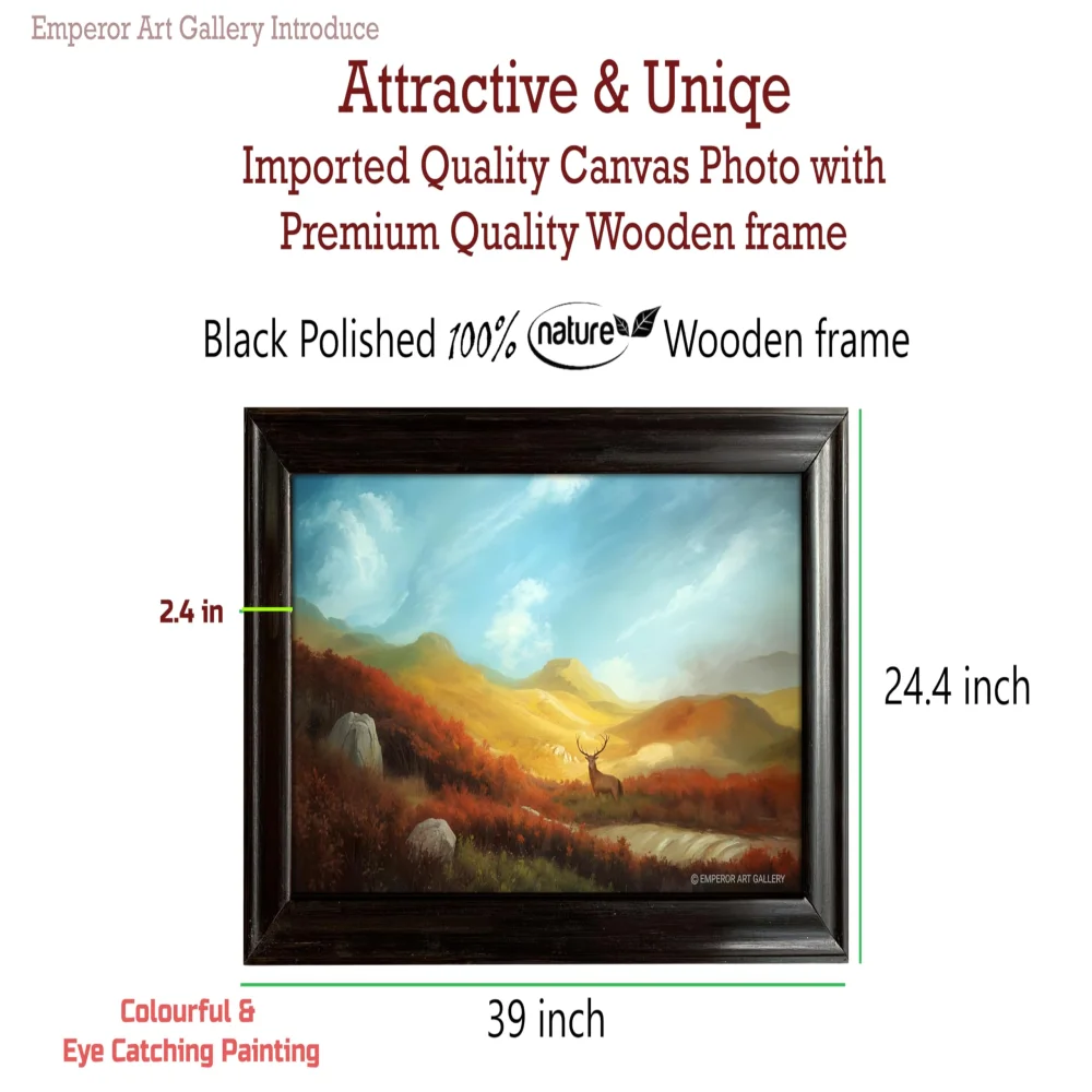 EMPEROR ART GALLERY®,Premium Canvas Wall Art with Black Wooden Frame, Mountain Landscape with Deer, 99 x 62 cm