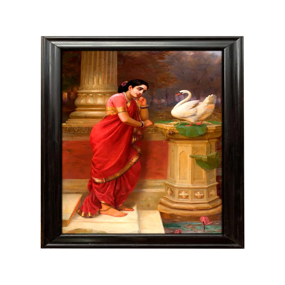 Hamsa Damandi Classical Indian Art Canvas Print with Premium Wooden Frame, 62.2 x 95.3 cm