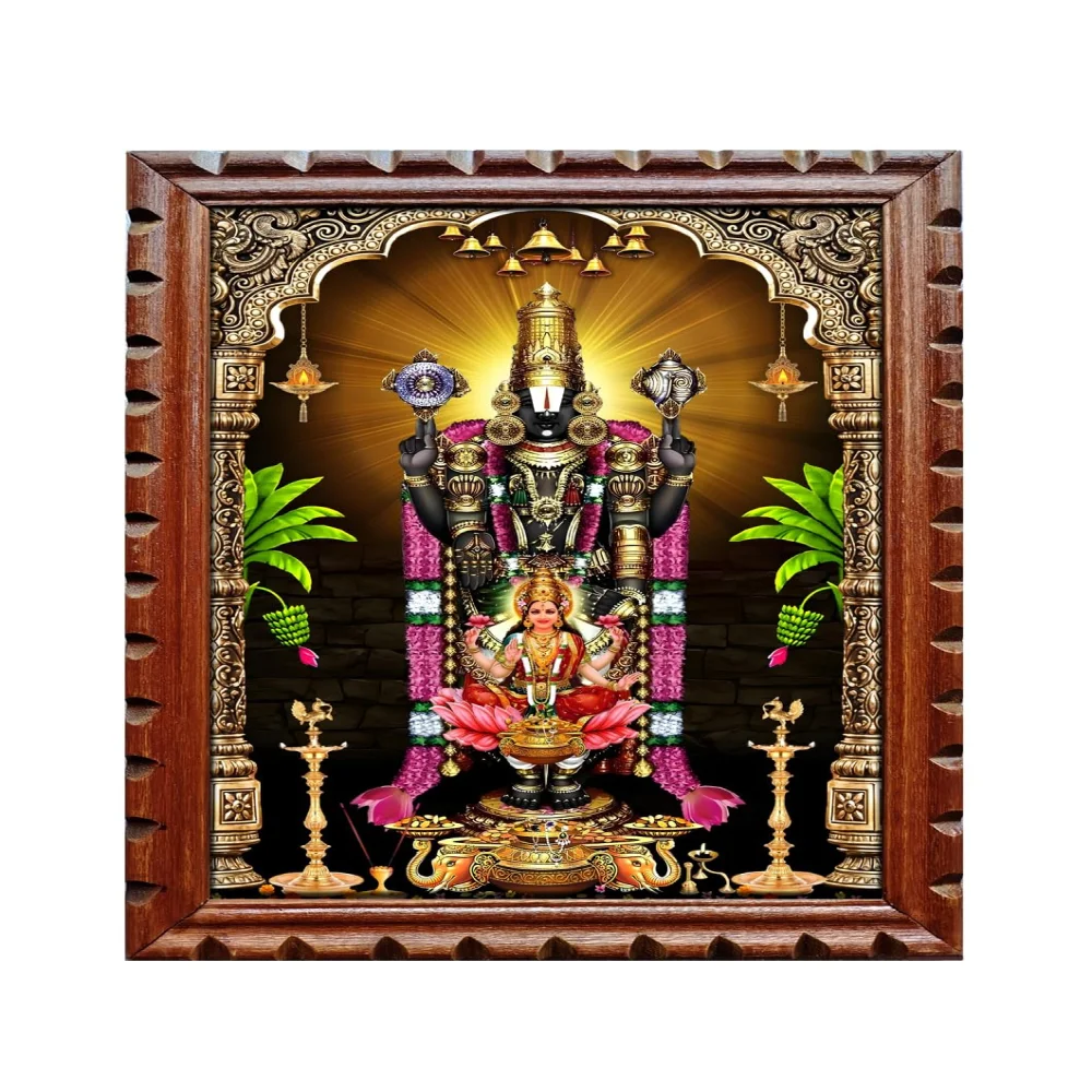 EMPEROR ART GALLERY®,Venkateswara Swamy with Lakshmi Religious Photo Frame, 35.5 x 50.8 cm, Original Wooden Frame with Rare Carved Design, Film Laminated Digital Print