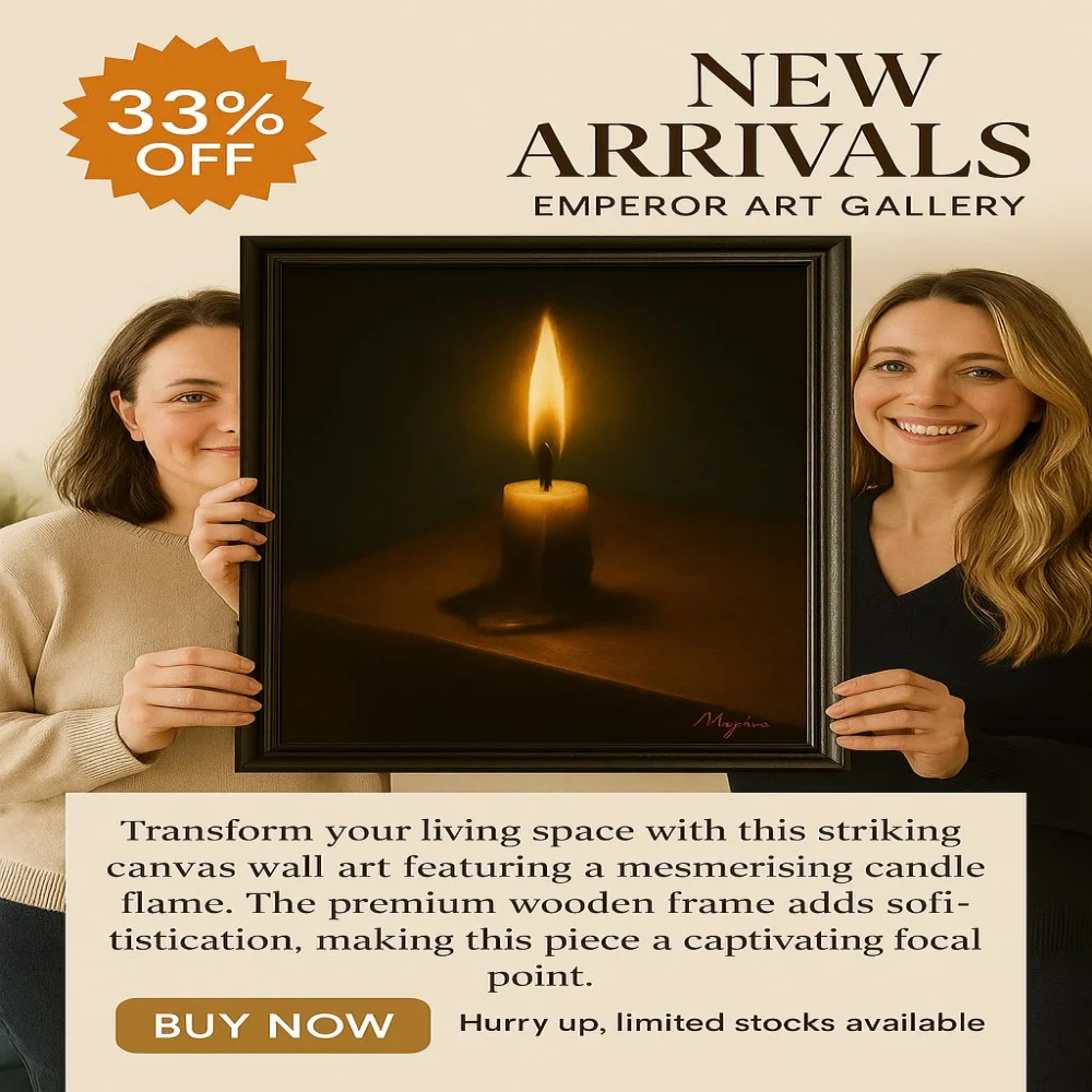 EMPEROR ART GALLERY®,Candle Flame Canvas Wall Art with Premium Wooden Frame, 16 x 23 inch, Dark Atmospheric Print