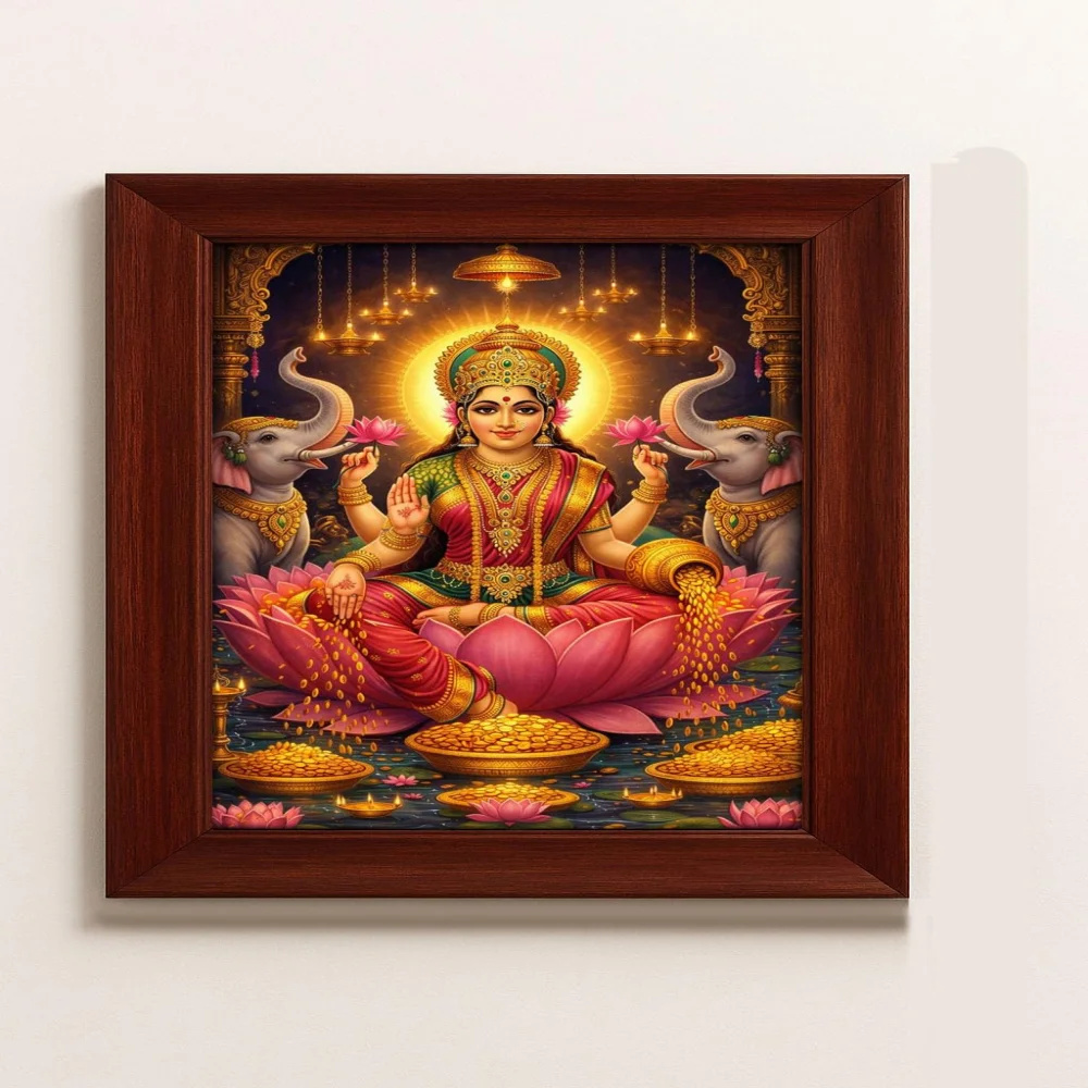 EMPEROR ART GALLERY, Goddess Lakshmi Wall Art, Premium Wooden Frame, Film Laminated Digital Print, 16.3 x 22.6 inches, Divine Festival Decor
