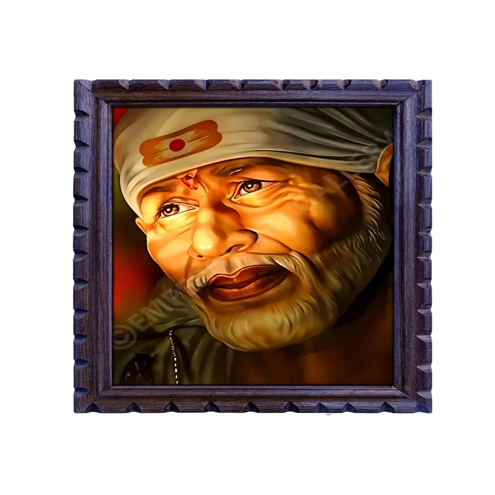 EMPEROR ART GALLERY Shirdi Sai Baba Premium Wooden Photo Frame, 33 cm x 46 cm, Black Carved Design with 3mm Glass