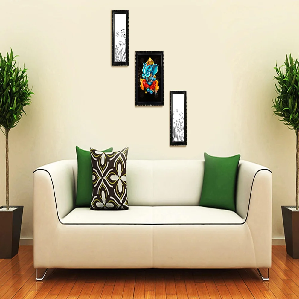 Mperor Lord Ganesh Digital Reprint With Wood Frame Combo Sale(16 x 10.8, 16x 6, 16x6) inch (Black)