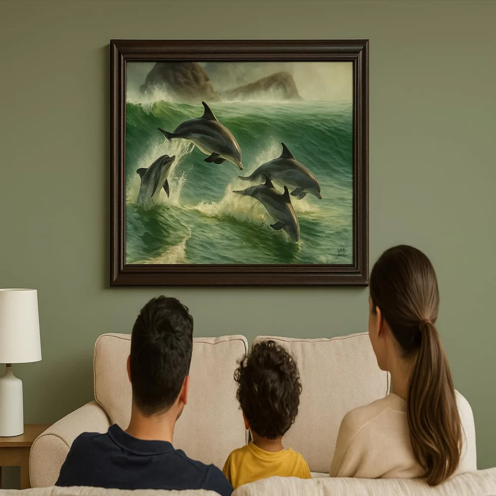 EMPEROR ART GALLERY®,Premium Dolphins Canvas Wall Art with Wooden Frame, 58.4 x 40.6 cm, Ocean Wave Scene