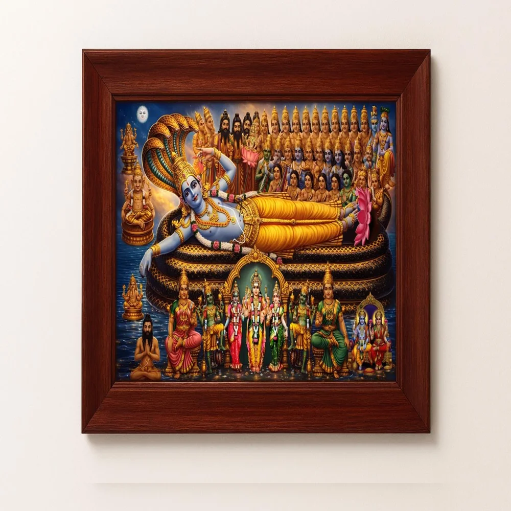 EMPEROR ART GALLERY, Lord Vishnu Divine Wall Art, Premium Natural Wooden Frame, Laminated Digital Print, 22.6 x 16.3 inch with 2-inch Frame