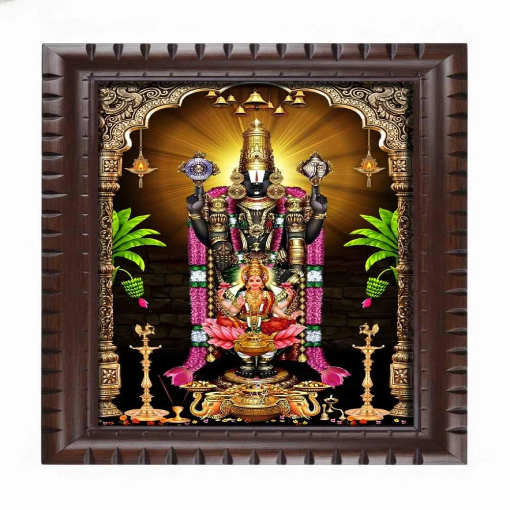 EMPEROR ART GALLERY®,Lord Venkateswara Swamy with Lakshmi Religious Photo Frame, Premium Carved Wooden Frame, Film Laminated Digital Print, 17x23 Inches