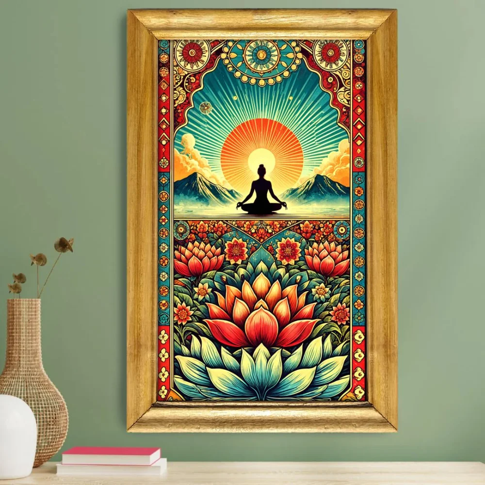Buddha Celtic Wall Art, 30.5 cm x 51 cm, Laminated Digital Print, Natural ColourWooden Frame with Lotus Design