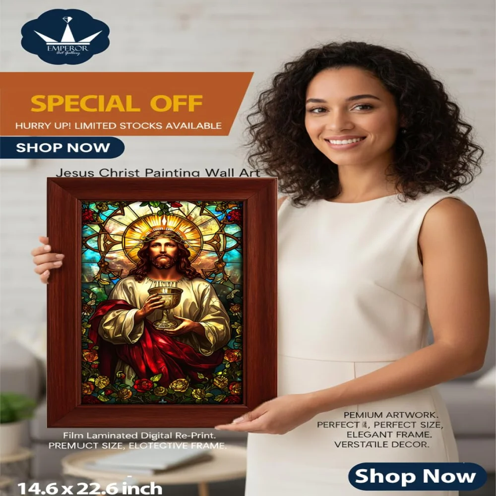 EMPEROR ART GALLERY®,Religious Stained Wall Art, Wooden Frame, Digital Print, Laminated, 14.6 x 22.6 inch, Home Decor