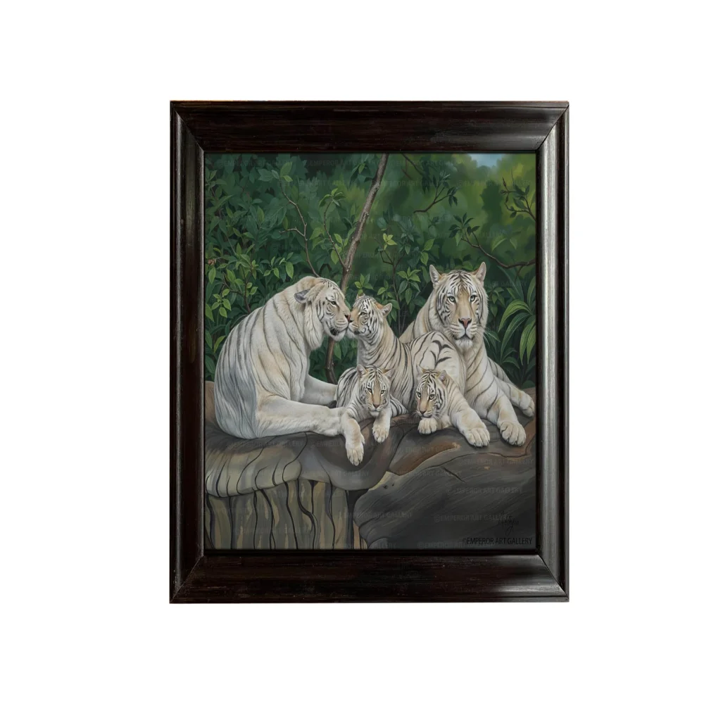 EMPEROR ART GALLERY®,White Tiger Family Canvas Wall Art with Black Wooden Frame, 28.4 x 24.8 inches, Premium Painting Digital Print
