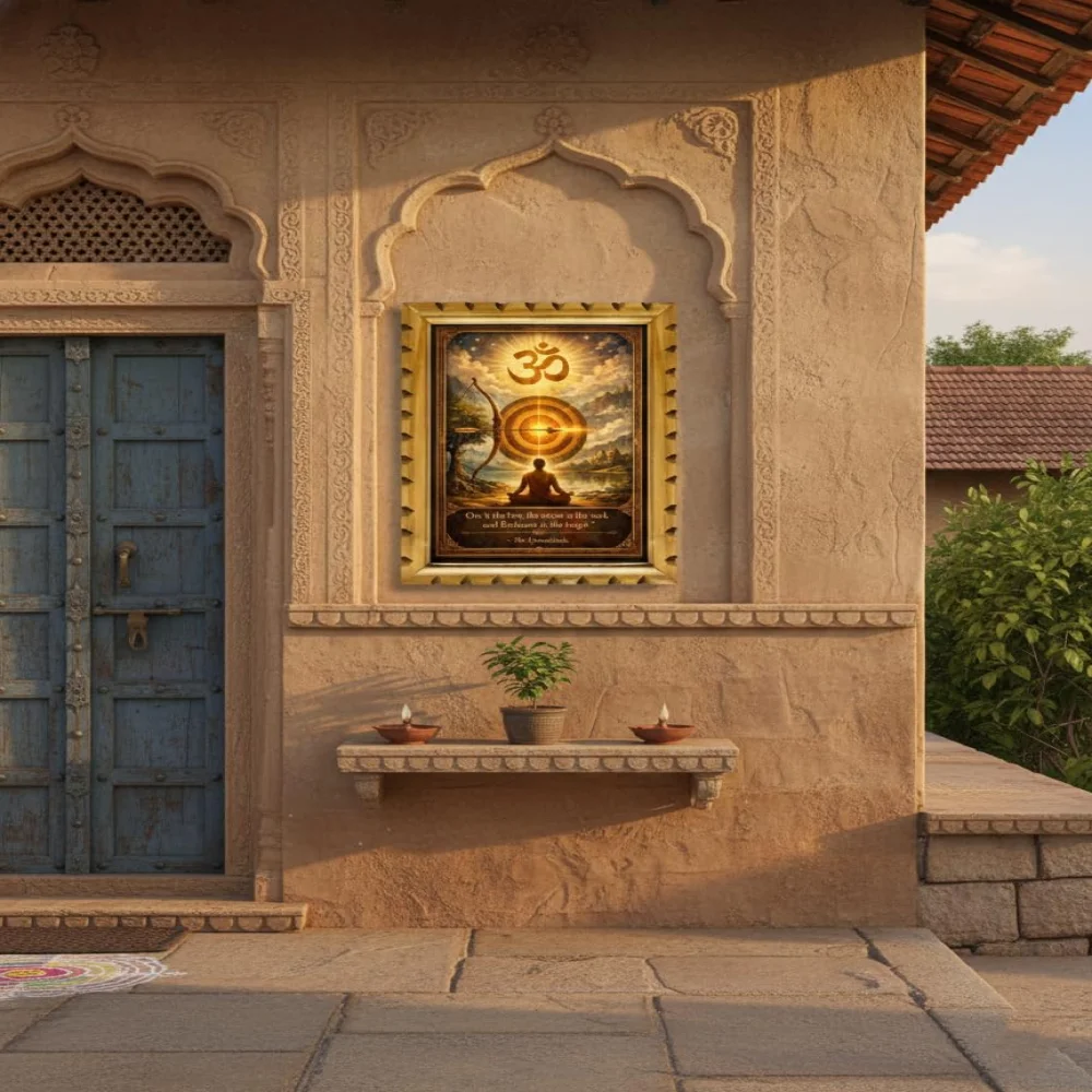 Om Symbol Spiritual Wall Art with Wooden Frame, Original Carved Design, 300 GSM Digital Print Film Laminated, 14x20 Inch, Upanishads Quote