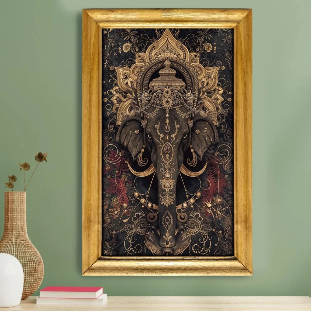 Celtic Elephant Wall Art, 28 x 48 cm, Laminated Digital Print, Wooden Frame, Natural colour