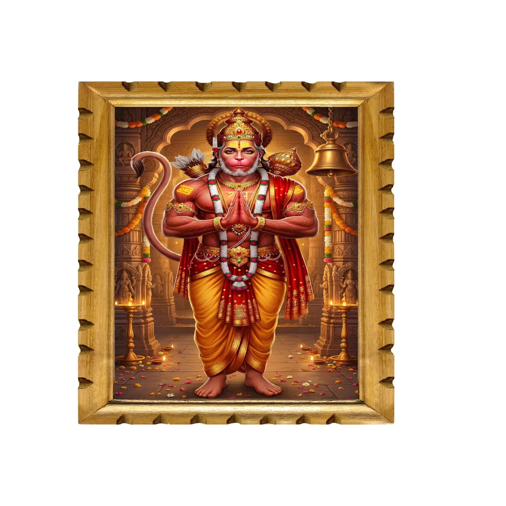 EMPEROR ART GALLERY® Lord Hanuman Premium Wooden Frame Wall Art, 20x12 Inches, Traditional Temple Design with Carved Border, 300 GSM Digital Print, Film Laminated