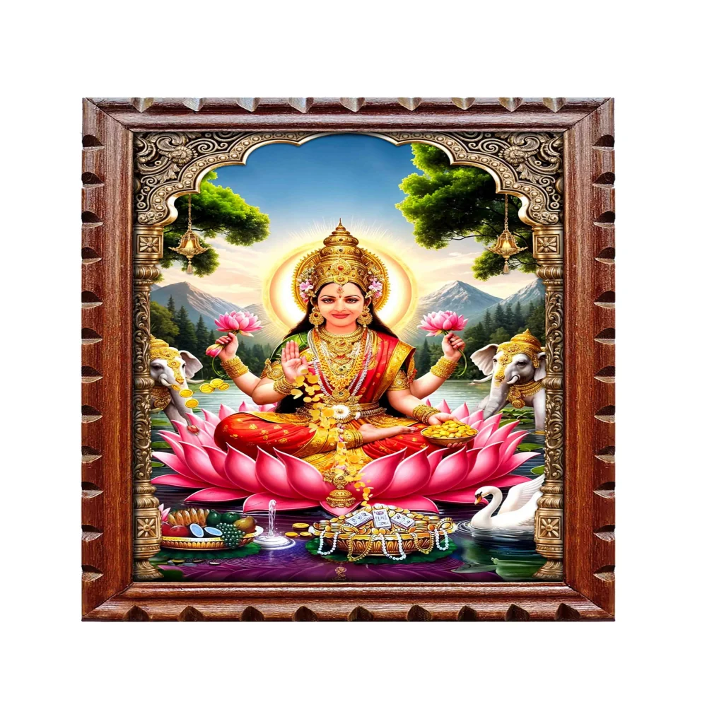 EMPEROR ART GALLERY®,Goddess Lakshmi Wall Art, Premium Wooden Frame with Carved Design, 25.4 x 35.6 cm, Digital Print, Brown