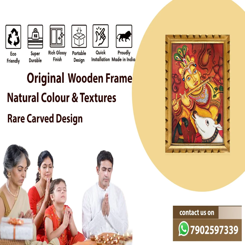 EMPEROR ART GALLERY®, Lord Krishna Mural Painting, Premium Wooden Frame with Carved Design, 18x14 Inch Digital Print, Film Laminated, Traditional Indian Wall Art