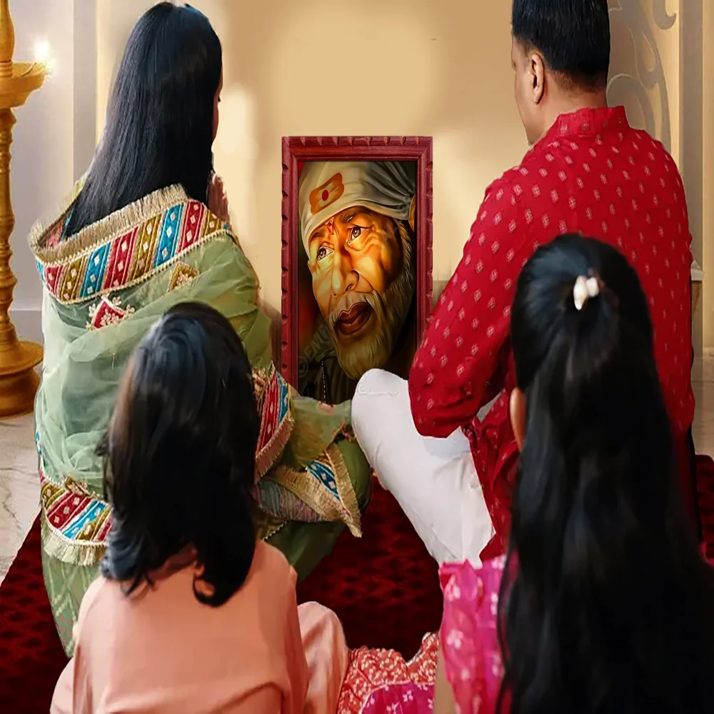 EMPEROR ART GALLERY Shirdi Sai Baba Premium Wooden Photo Frame, 33 cm x 46 cm, Black Carved Design with 3mm Glass