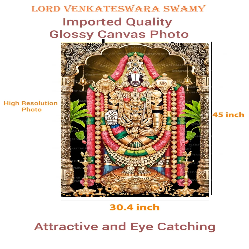 EMPEROR ART GALLERY®,Lord Venkateswara Swamy High Resolution Glossy Canvas Photo, 77.2 x 114.3 cm, Imported Quality, Religious Wall Art