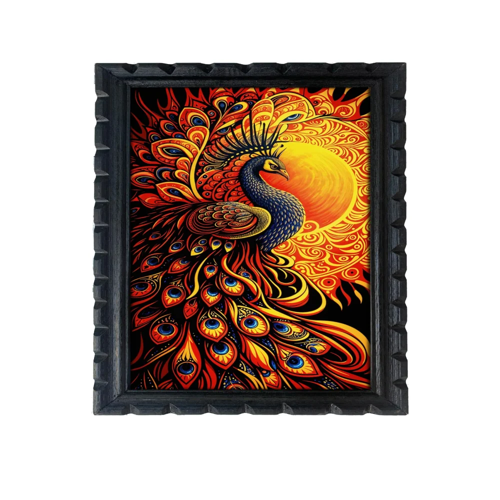 Celtic Peacock Wall Art, 28 x 51 cm, Laminated Digital Print, Black Carved Wooden Frame,for Wall