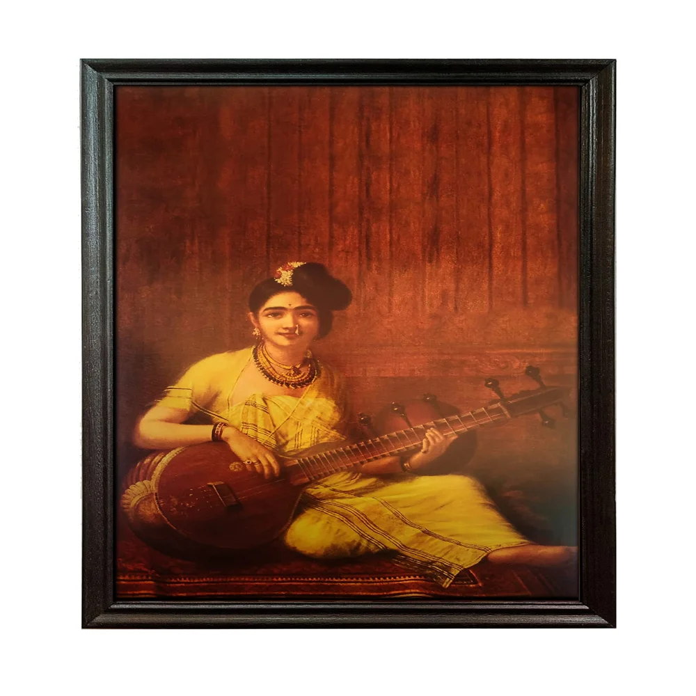 Mperor, ''Lady Playing The Veena'' Laminated Digital Re-Print With Wood Frame(28x18) in