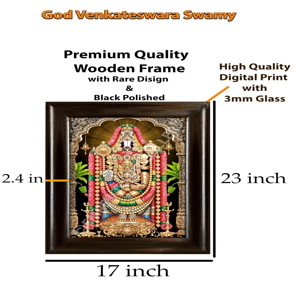 EMPEROR ART GALLERY Lord Venkateswara Swamy Photo Frame, 43.2 x 58.4 cm, Premium Black Wooden Frame, Digital Print with 3mm Glass