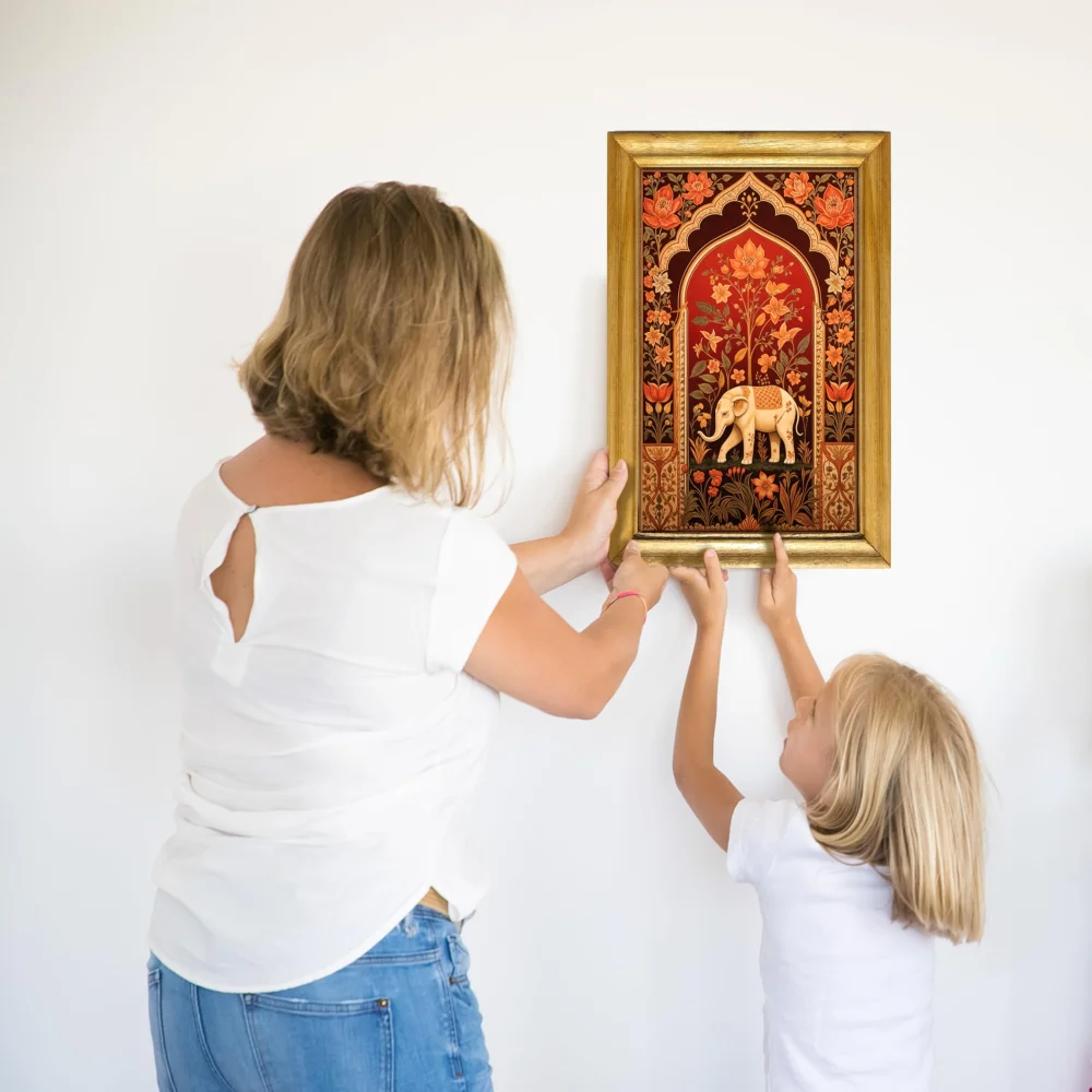 Celtic Elephant Wall Art, 48.3 x 33 cm, Laminated Digital Print, Natural Colour Wooden Frame