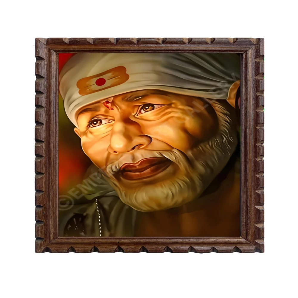 EMPEROR ART GALLERY Shirdi Sai Baba Premium Wooden Photo Frame, 33 cm x 46 cm, Black Carved Design with 3mm Glass