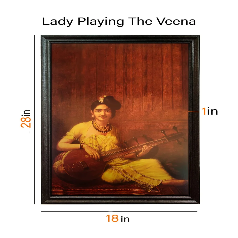 Mperor, ''Lady Playing The Veena'' Laminated Digital Re-Print With Wood Frame(28x18) in